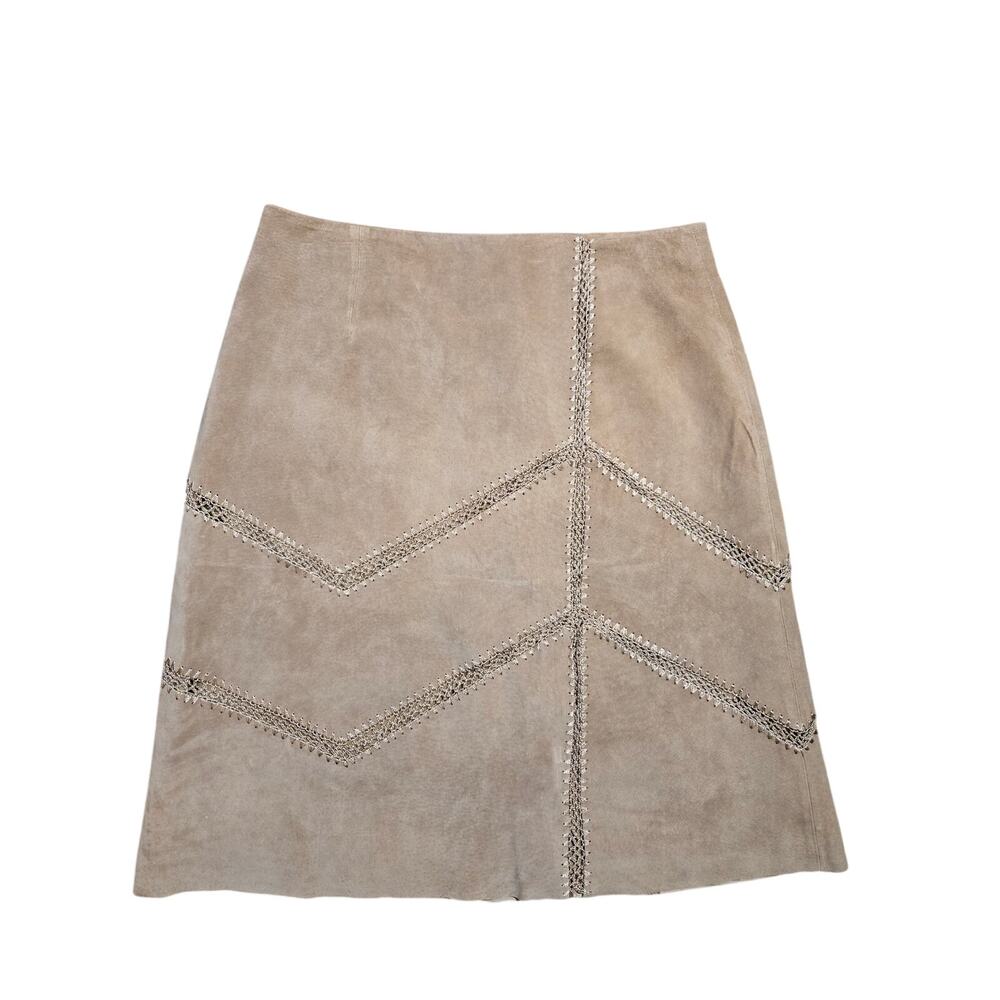 BRANDON THOMAS Vintage Y2K Suede Crochet Lace Chevron A-Line Skirt Boho 12